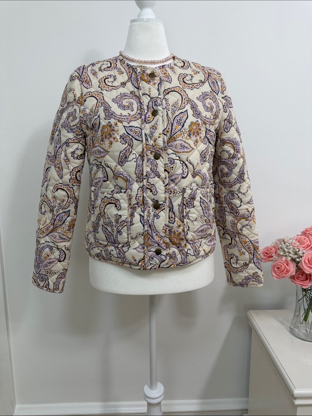 Rachel Zoe Quilted Paisley Puffer Jacket in Cream and Purple